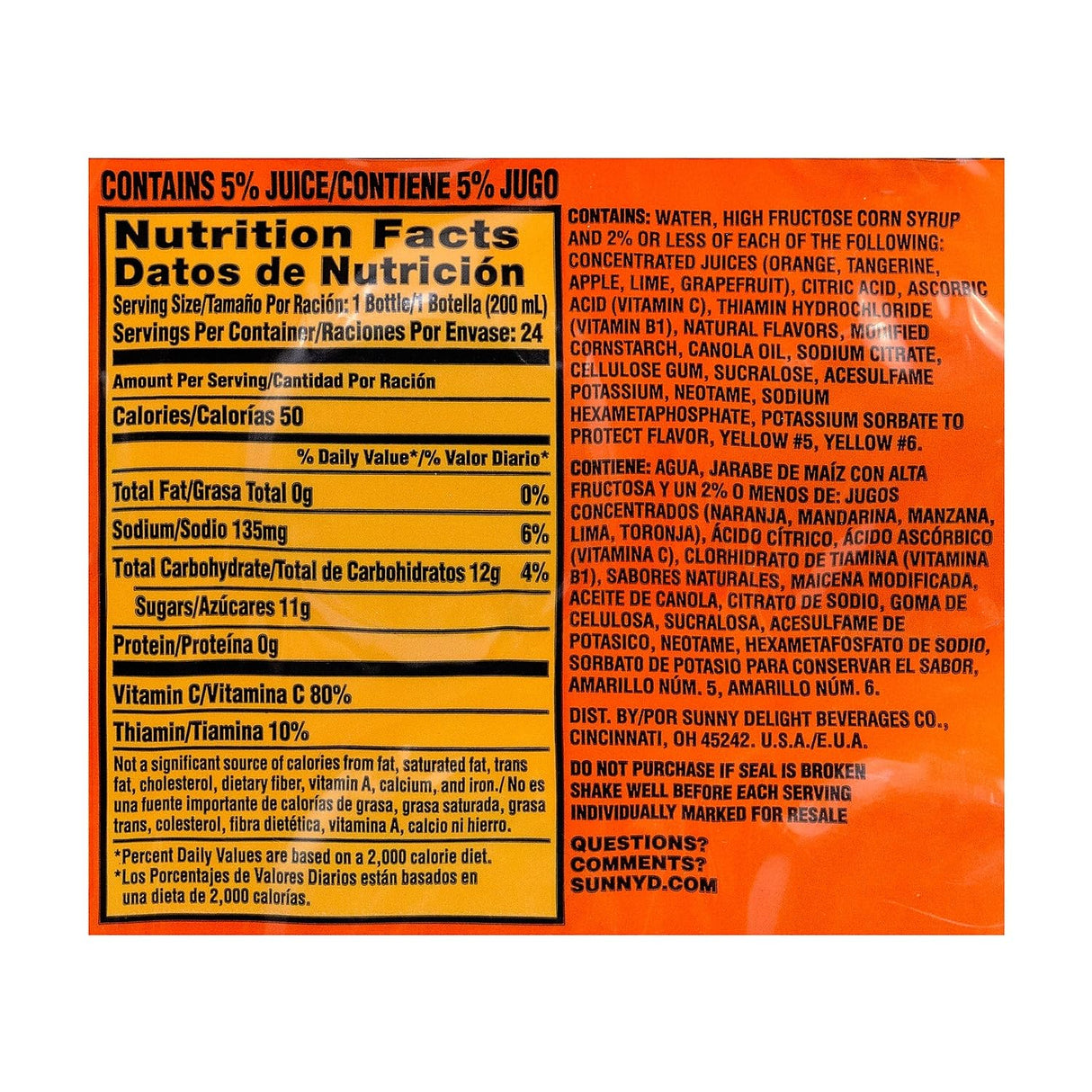 SunnyD Tangy Original Orange Flavored Citrus Punch, 6.75 fl. oz. - (24PC)