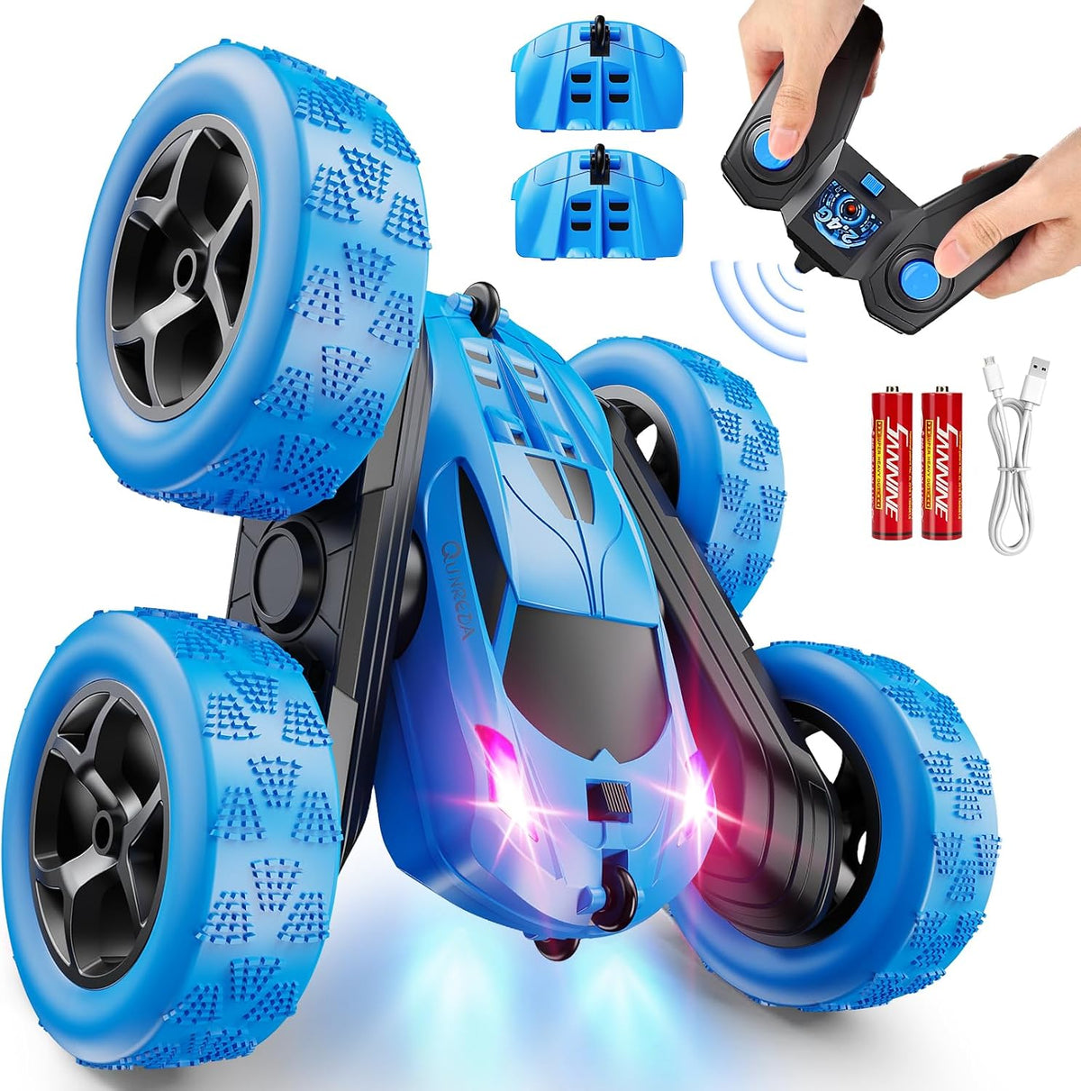 Remote Control Car, RC Cars Toys for Kids Ages 6-12, 4WD Stunt Car with LED Lights & 360° Flips (blue, green, pink, purple or yellow)