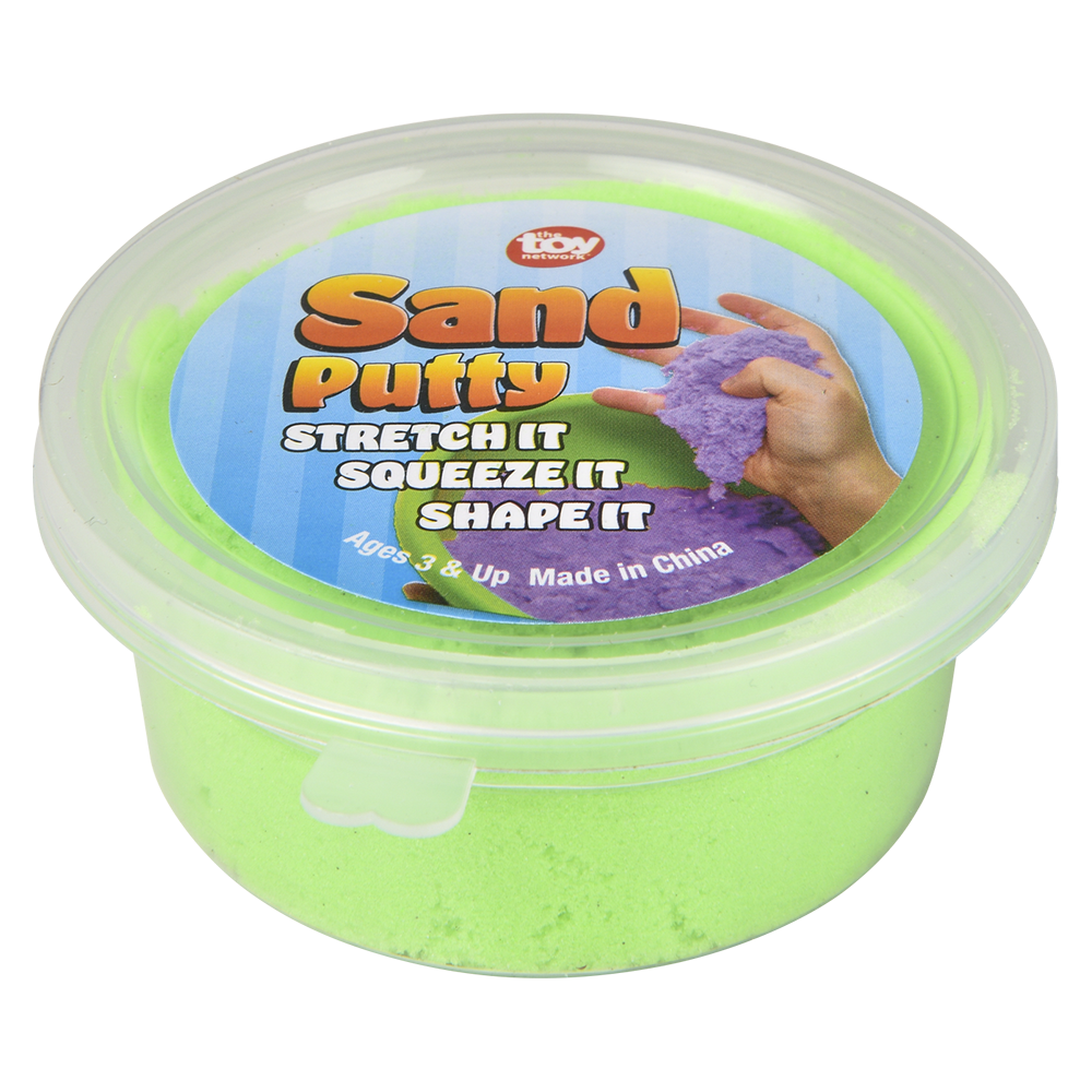 Assorted small containers filled with colorful sand putty, showcasing a variety of vibrant hues for sensory play and creative expression - green