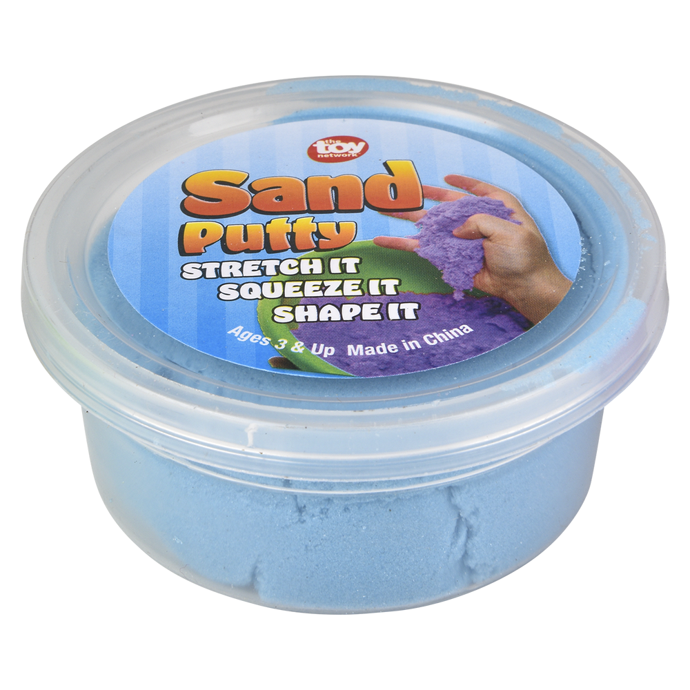 A small container filled with light blue sand putty, offering a vibrant hue for sensory play and creative expression