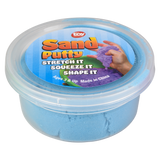 A small container filled with light blue sand putty, offering a vibrant hue for sensory play and creative expression