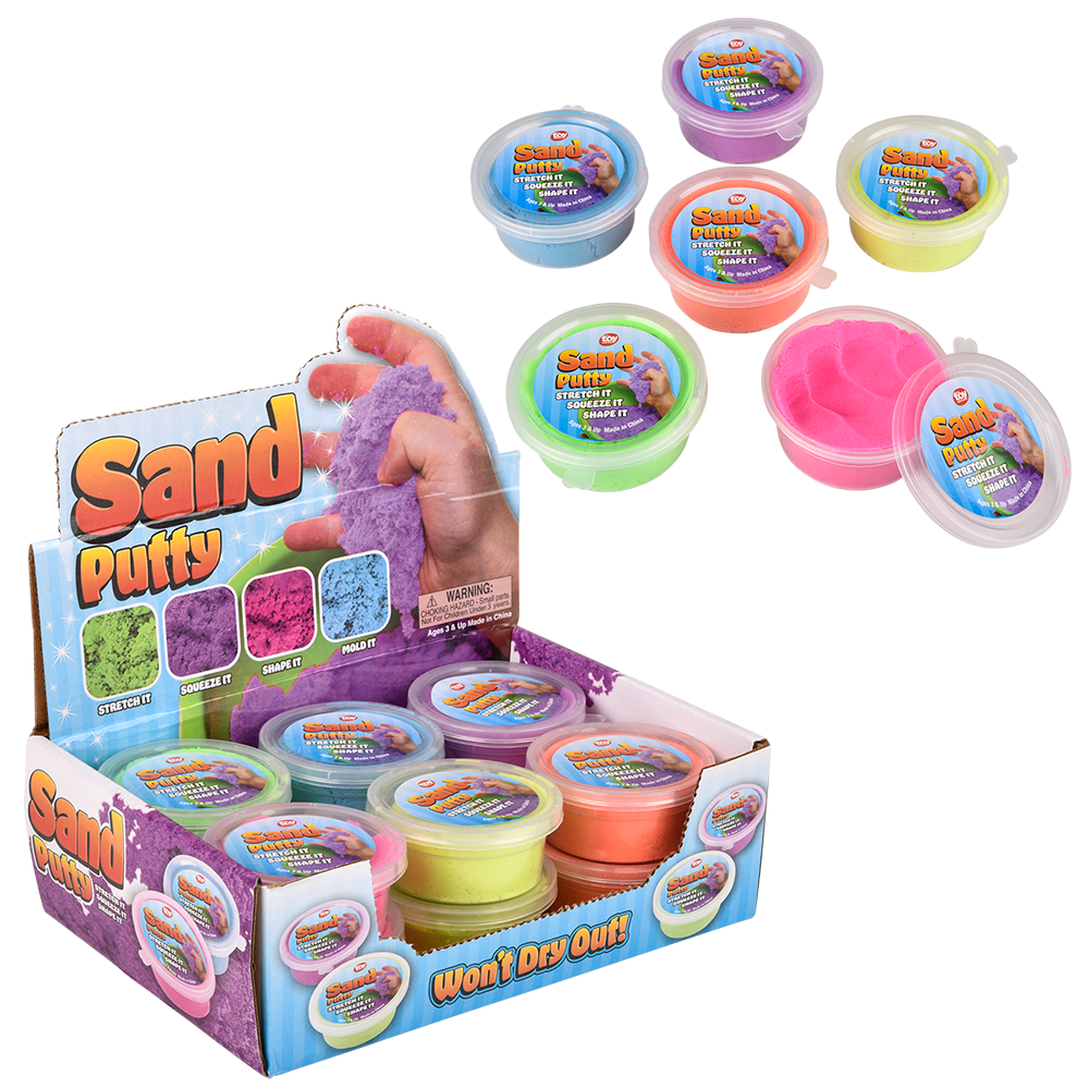  Assorted small containers filled with colorful sand putty, showcasing a variety of vibrant hues for sensory play and creative expression
